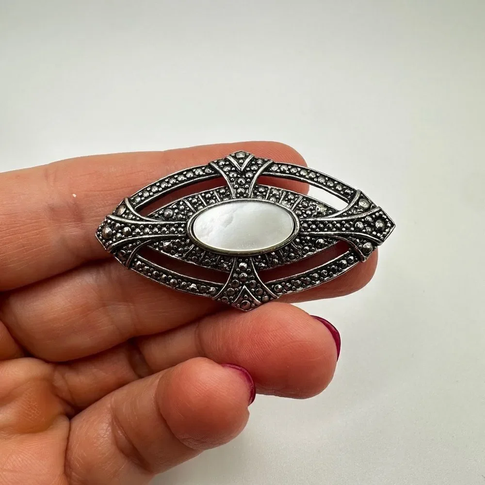 Avon Victorian Elegance Brooch Pin, 1987, Mother of Pearl Faux Marcasite Revival